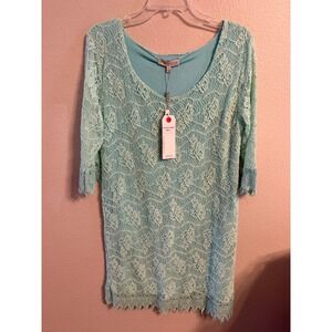 YOUNG THREADS Women's Lace Overlay Tunic Top Mint Green 3/4 Sleeve Size L